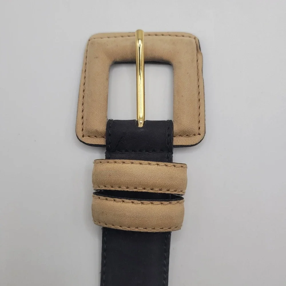 Jaeger Belt 30 Black Nubuck Leather Square Buckle Colorblock 90s Retro Two Tone